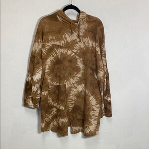 Brown Tie-Dye Print French Terry Hooded Tunic. Plus size XL/XXL. Artsy Lagenlook
